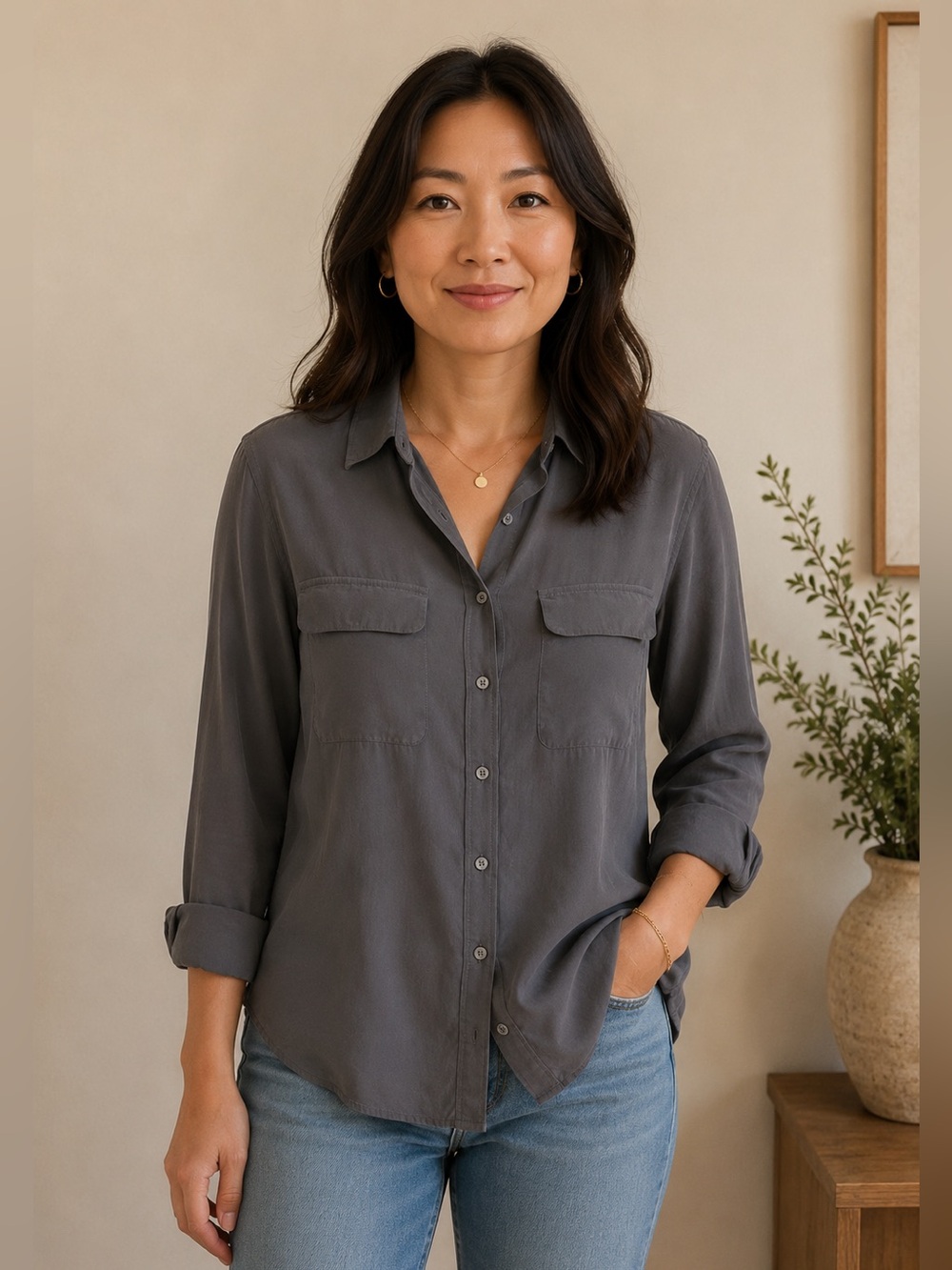 Equipment Femme 100% Silk Gray Button Down Blouse Shirt Size Medium